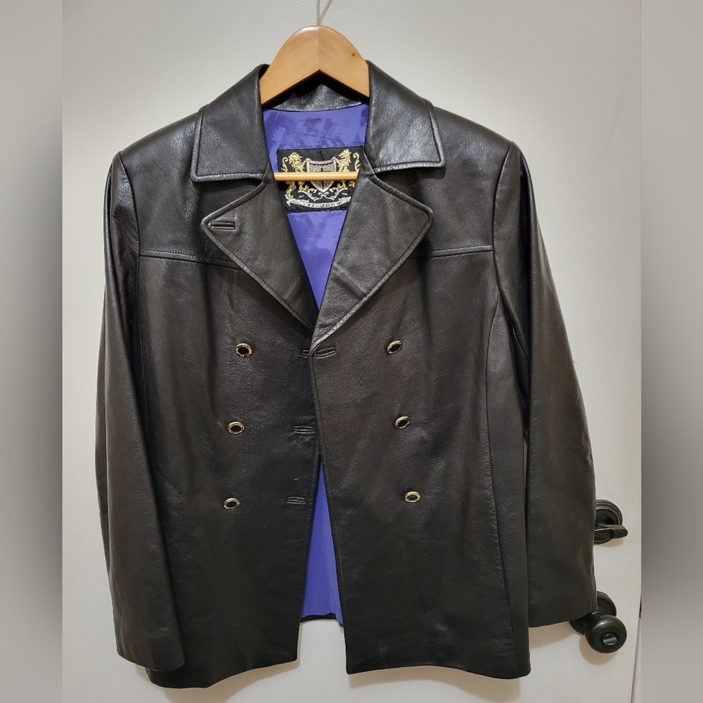 Womens St John Black Leather Double-Breasted Jacket Gold Buttons Size Small/Med